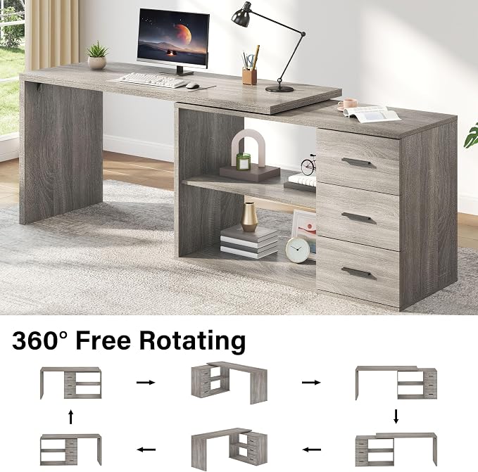 HSH L Shaped Office Desk with Drawers Shelves 55-76 Inch, Corner Computer Desk with Storage 360 Rotating Long for Work, Executive, Study, Writing, Teacher, Bedroom Modern Gaming Table, Light Grey