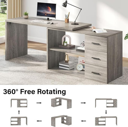 HSH L Shaped Office Desk with Drawers Shelves 55-76 Inch, Corner Computer Desk with Storage 360 Rotating Long for Work, Executive, Study, Writing, Teacher, Bedroom Modern Gaming Table, Light Grey