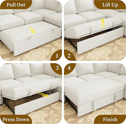 106.7" U-Shaped Modular Sectional Sofa with Pull-Out Bed & Storage, Modern 7-Seat Convertible Couch, Comfy L-Shape Sectional for Living Room, Apartment, Beige
