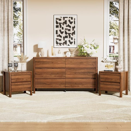Walnut Mid-Century Modern 3 Piece Bedroom Furniture Set, 6 Drawer Dresser with Handleless Wood Grain Design and Nightstands Set of 2, Minimalist Storage Dresser for Bedroom