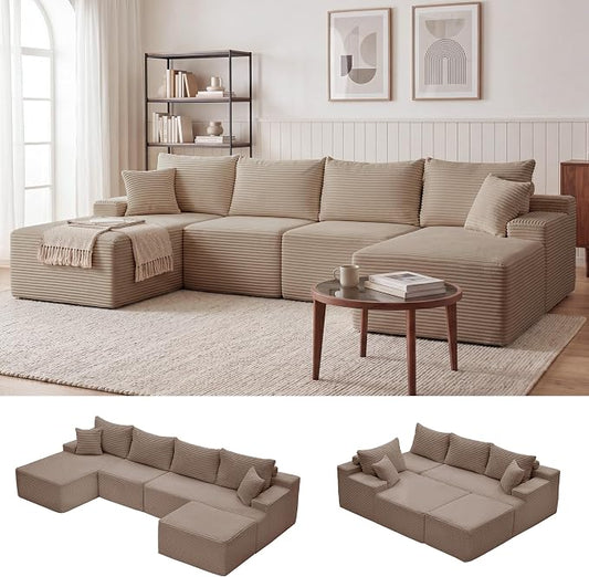 Mangodan 118'' Cloud Sectional Couch, U Shaped Boneless Couches for Living Room, Modular Sectional Sofa with Deep Seat Light Facing Chaise, Comfy Cloud Couch Sofa, Camel