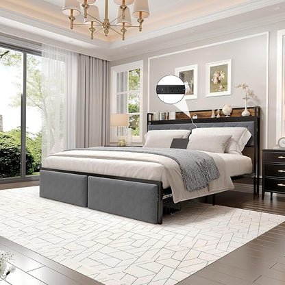 GarveeHome King Bed Frame with 2 Storage Drawers, LED Bed Frame with 2-Tier Storage Headboard&Charging Station, Metal Platform Bed Frame, No Box Spring Needed, Noise Free, Grey