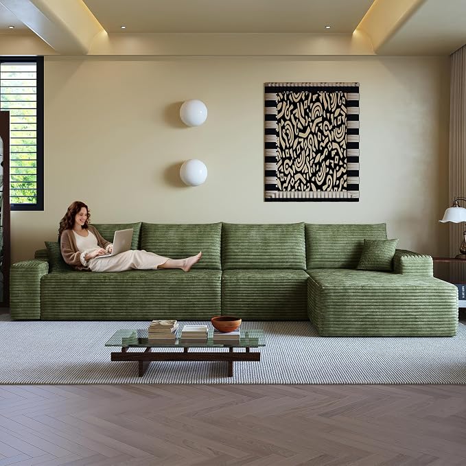 AUGOP 136" Sectional Couches for Living Room Modern Modular Sofa with L-Shape Couchs Upholstered Boneless Couch Deep Seat Sectional Couch with Chaise (Green, Right Facing Chaise+3Seaters)
