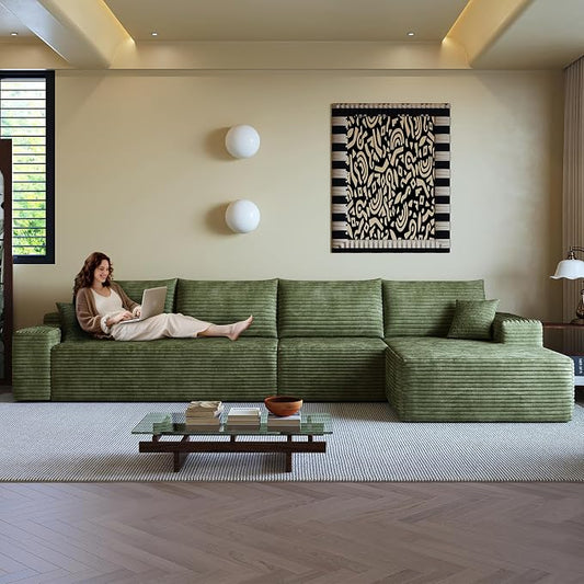 AUGOP 136" Sectional Couches for Living Room Modern Modular Sofa with L-Shape Couchs Upholstered Boneless Couch Deep Seat Sectional Couch with Chaise (Green, Right Facing Chaise+3Seaters)