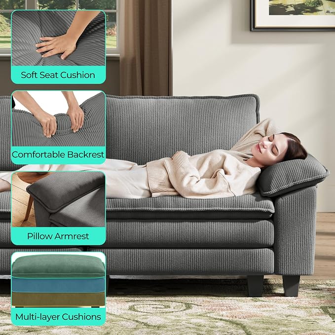 LINSY HOME 157'' Modular Sectional Sofa 4 Seat Couch Corduroy Cloud Couch with Deep Seat, Modern Cloud Couch with 4 Movable Ottoman for Living Room, Office, Bedroom, Grey