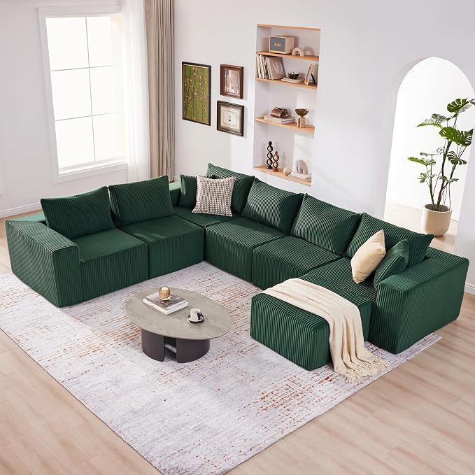 U-Shaped Boneless Couch, Cloud Couch Sectional, Modular Sofa with Deep Seat, Convertible Sectional Couches for Living Room, Plush Corduroy U Shaped Boneless Couch (Green, 6 Seater & 1 Ottoman)