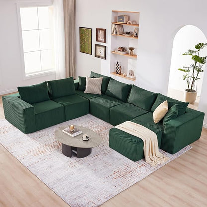 U-Shaped Boneless Couch, Cloud Couch Sectional, Modular Sofa with Deep Seat, Convertible Sectional Couches for Living Room, Plush Corduroy U Shaped Boneless Couch (Green, 6 Seater & 1 Ottoman)