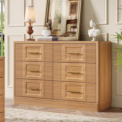 RECHHX Farmhouse 6 Drawers Dresser for Bedroom, 47.2" Wide Large Modern Chest of Drawers, Wooden Thermoformed Curved Dresser Organizer for Bedroom, Living Room, Natural Oak