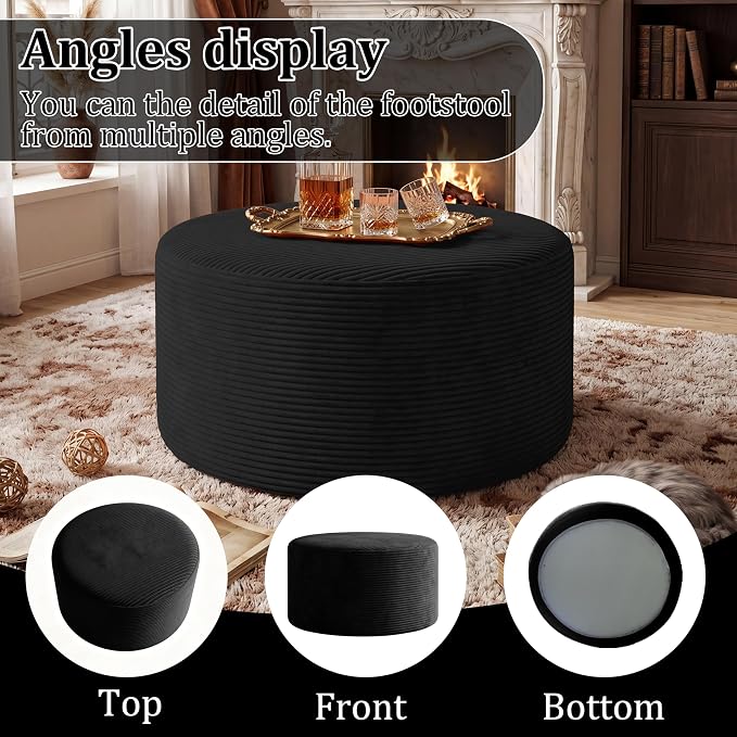 BSHOMGI Round Coffee Table Ottoman for Corduroy Cloud Sectional Couches in a Box Memory Foam Compressed Pouf Footstool Rest for Living Room, Bedroom, Makeup Room No Assembly Require(Black, 27.6")