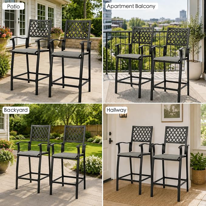 Kozyard Outdoor Counter Height Bar Stools Set of 2, Patio Bar Chairs with Wrought Iron Frame & Textilene Fabric, Outdoor Dining Chairs for Patio, Poolside, Backyard Gray