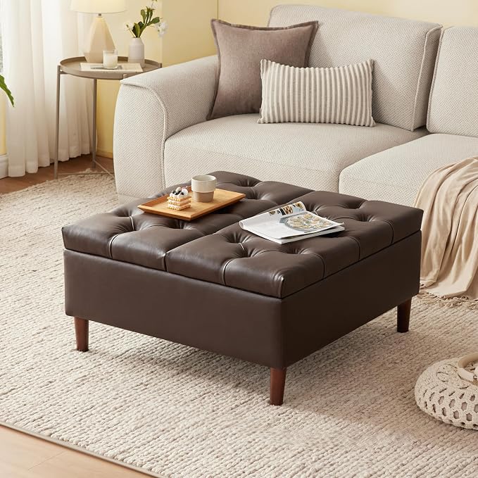 Weture 35 Inch Extra Large Storage Ottoman Coffee Table, No Assembly Required, Oversized Square Ottoman with Storage, Tufted Upholstered Ottomans Coffee Table for Living Room (Leather, Brown)