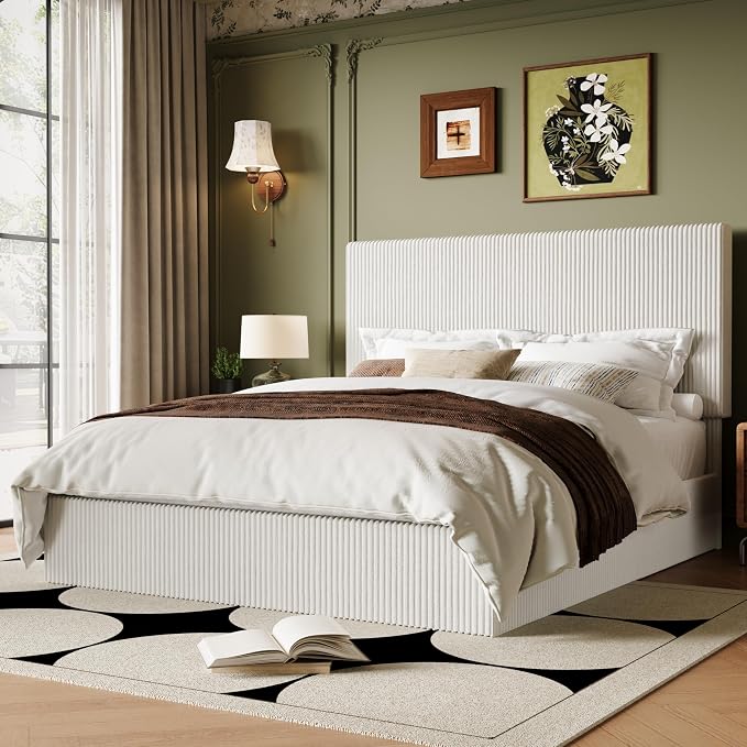 Allewie Full Bed Frame, Upholstered Platform Bed, Adjustable Vertical Channel Tufted Headboard, Corduroy Fabric, Modern Low Profile, Wooden Slats, No Box Spring Needed, Easy Assembly, White