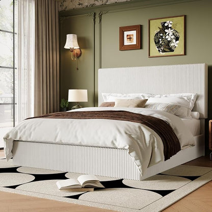 Allewie Full Bed Frame, Upholstered Platform Bed, Adjustable Vertical Channel Tufted Headboard, Corduroy Fabric, Modern Low Profile, Wooden Slats, No Box Spring Needed, Easy Assembly, White