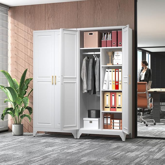 SteeLoong Metal Wardrobe Closet,71" H Wardrobe Cabinet with 2 Doors,White Clothing Storage Cabinets with Hanging Rod and 3 Adjustable Shelves,Armoire Wardrobe Closet for Home Office,School,Gym