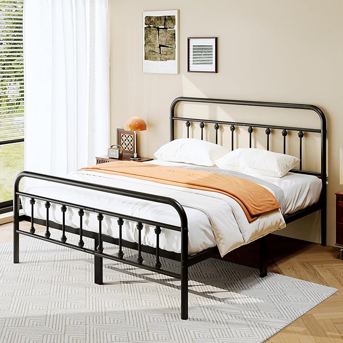 zunatu Queen Size Metal Platform Bed Frame/Victorian Style Headboard and Footboard/Steel Slat Support/Easy Assembly/No Box Spring Needed/Underbed Storage/Noise Free/Black