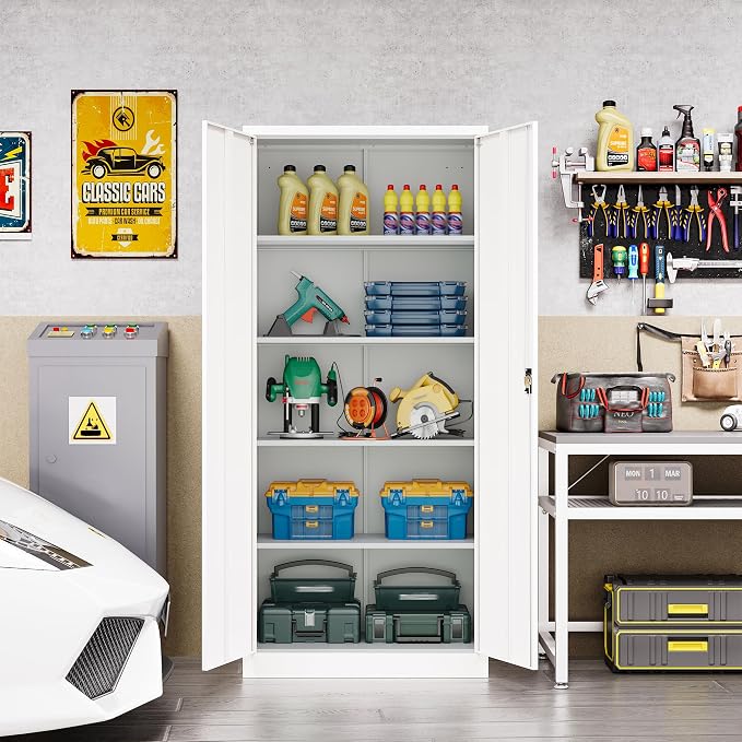 Metal Cabinet,71" Lockable Storage Cabinet with 2 Doors and 5 Adjustable Shelves,Tall Steel Cabinets for Garage,Home Office,Basement,School,Hospital(White)