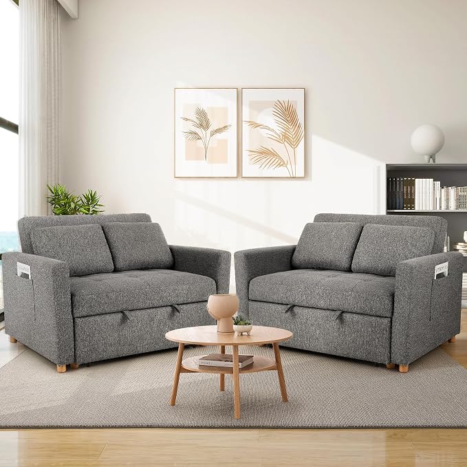 SEJOV Sleeper Sofa Bed, 3-in-1 Convertible Sofa Chair, Linen Fabric Pull Out Couch Bed, Loveseat Sleeper with Spring Support, Adjustable Backrest, 2 Seater Recliner Chair for Small Space, Dark Grey