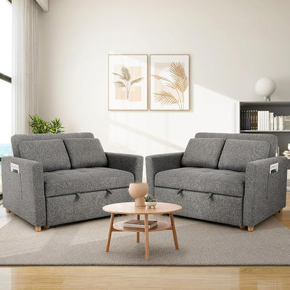 SEJOV Sleeper Sofa Bed, 3-in-1 Convertible Sofa Chair, Linen Fabric Pull Out Couch Bed, Loveseat Sleeper with Spring Support, Adjustable Backrest, 2 Seater Recliner Chair for Small Space, Dark Grey