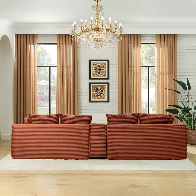 127" U-Shaped Cloud Sectional Couch Oversized Modular Compressed Boneless Sectional Sofa with Ottoman Chaise Lounges & Console, Plush Corduroy Boneless Symmetrical Sofa