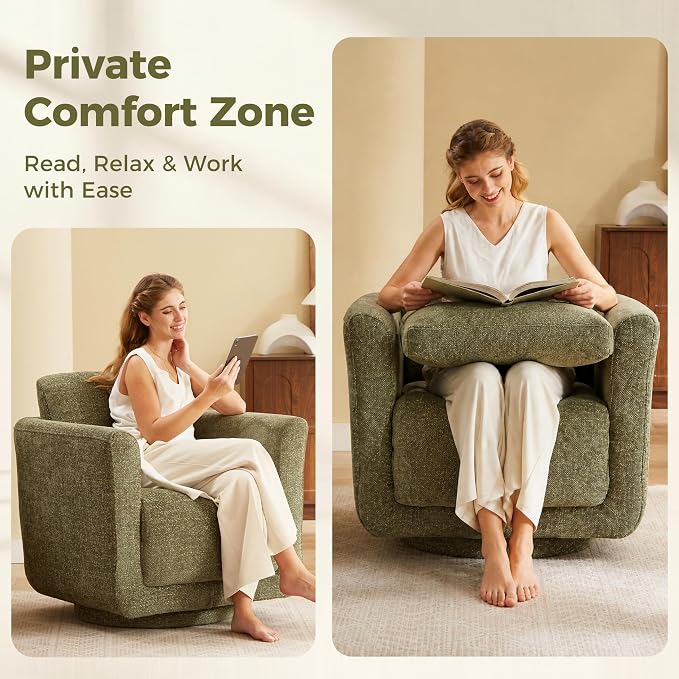 Swivel Accent Chair, 360° Barrel Chair with Solid Wood Frame & Removable Ergonomic Support Back Cushion, Fully Assembled Chenille Armchair for Living Room & Bedroom, Forest Green