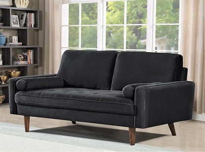 Container Furniture Direct Velvet Tufted Sofas for Living Room, Classic Mid-Century Style with Modern Silhouette, Button Tufting and Wood Legs, Includes 2 Bolster Pillows, Loveseat, Black