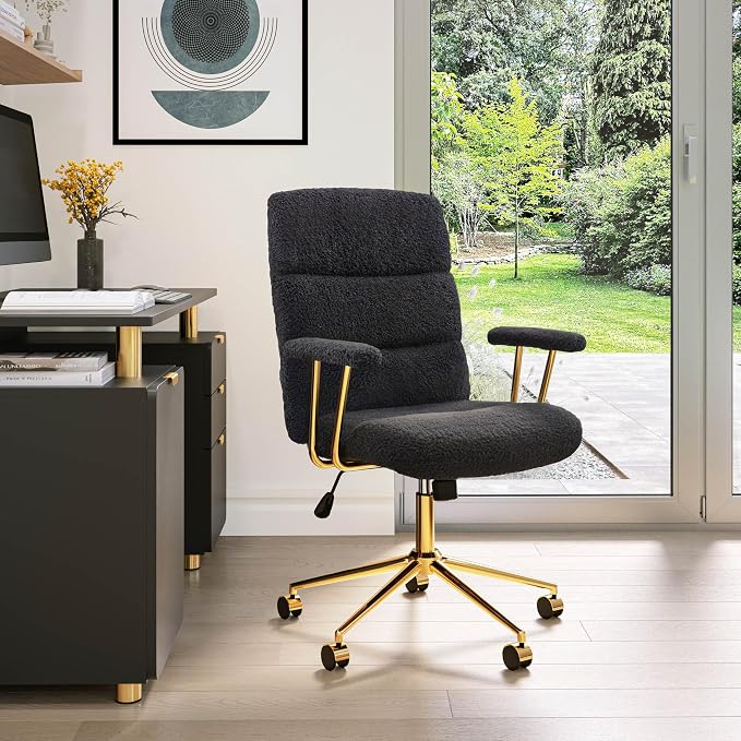 Techni Mobili Boucle Office Chair, Adjustable Desk Chair, Black & Gold | Black boucle office chair, gold base, padded seat, height adjustable, modern desk chair, textured fabric, swivel, ergonomic