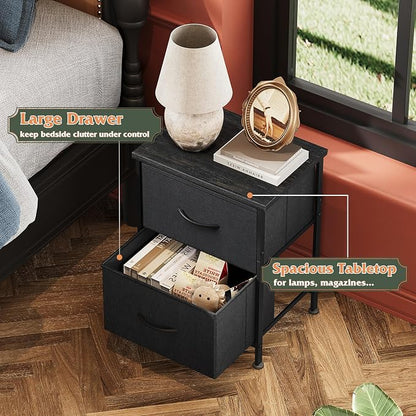 WLIVE Black Night Stand, Small Dresser with 2 Drawers & Wooden Top, Nightstand with Fabric Bins, Bedside Table End Table for Bedroom, Closet, Entryway, College Dorm, Charcoal Black