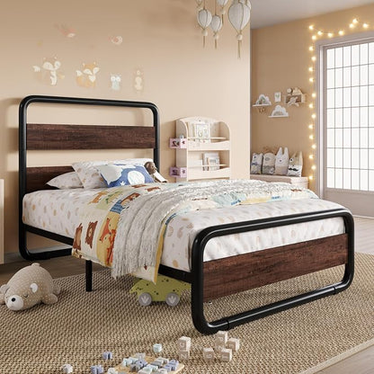 SHA CERLIN Twin Size Metal Bed Frame with Wooden Headboard and Footboard, Heavy Duty Oval-Shaped Platform Bed Frame with 10" Under-Bed Storage, Heavy Duty Slats Support, No Box Spring Needed, Mahogany