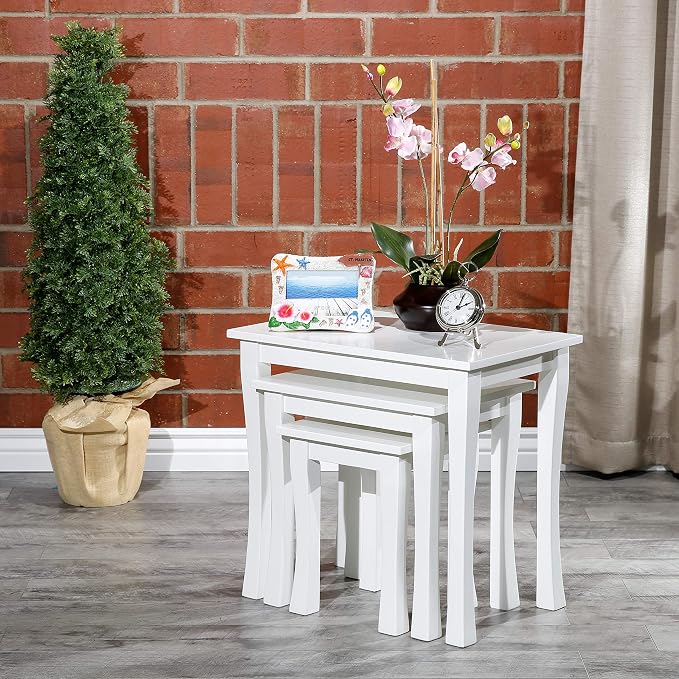 DTY Indoor Living 3-Piece Nesting Tables - Wooden Table Set of 3 for Living Room - Stackable Tables with Sleek White Finish for Stylish and Space-Saving Home Furniture