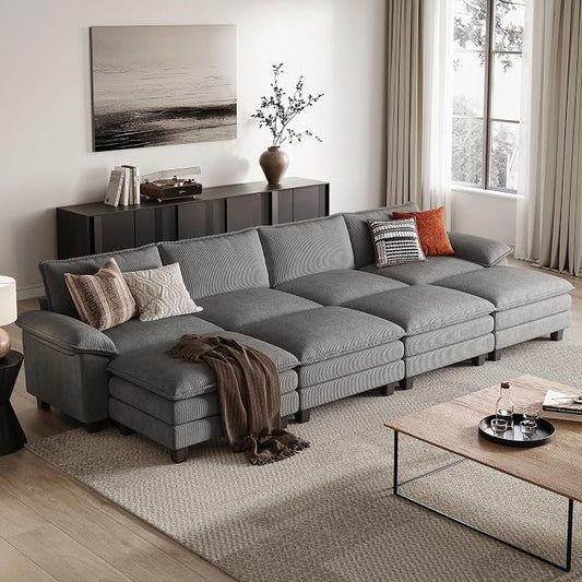 LINSY HOME 157'' Modular Sectional Sofa 4 Seat Couch Corduroy Cloud Couch with Deep Seat, Modern Cloud Couch with 4 Movable Ottoman for Living Room, Office, Bedroom, Grey
