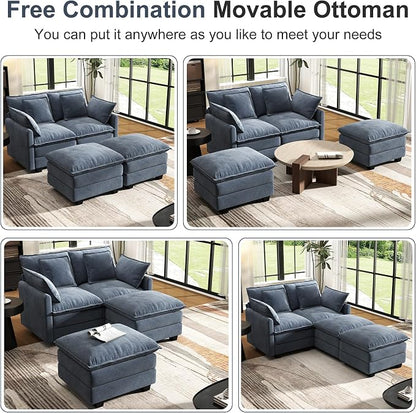 58" Cloud Couch Loveseat, Deep Seat Modular Sectional Sofa with 4 Removable Washable Pillows and 2 Ottoman for Living Room, Bedroom, Apartment, Blue