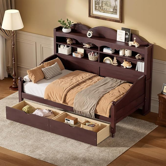 Merax Twin Daybed with Storage Drawers, Wood Twin Day Bed with 3-Tier Storage Headboard Shelves, Retro Style Twin-Size Daybed for Bedroom Guest Room, No Box Spring Needed, Easy Assembly, Espresso