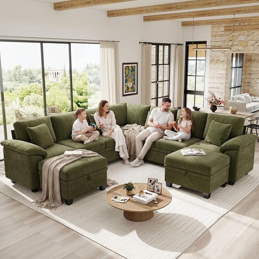 Ihanherry 108" Modular Sectional Sofa with Pull Out Bed, 9-Seater U Shaped Sectional Sleeper Couch with Storage, Chenille Convertible Couches for Living Room, Apartment (Green)