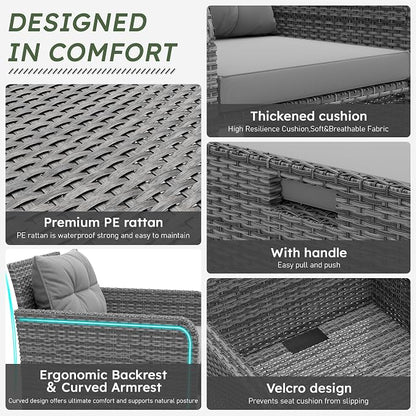 LHBcraft 5 Piece Outdoor Furniture Set, PE Rattan Balcony Furniture with Soft Cushions, Patio Set 2 Ottoman & Table for Porch, Lawn, Garden, Grey