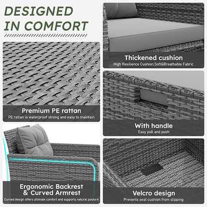 LHBcraft Outdoor Furniture 5 Piece Patio Conversation Set, PE Rattan Patio Set with Soft Cushions & Coffee Table, Outside Furniture with Hidden Ottoman for Porch, Lawn, Garden, Balcony, Grey