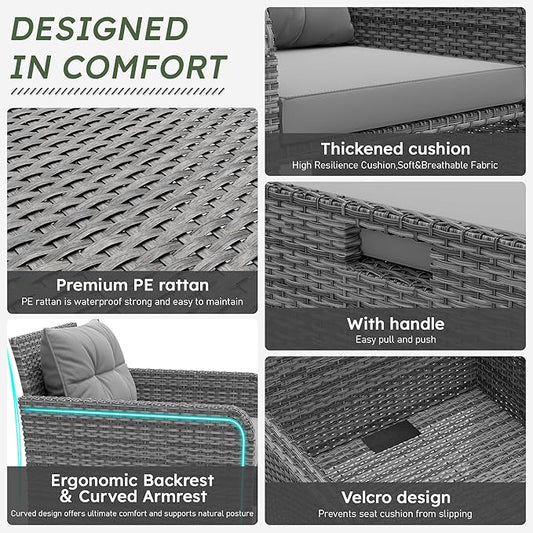 LHBcraft Outdoor Furniture 5 Piece Patio Conversation Set, PE Rattan Patio Set with Soft Cushions & Coffee Table, Outside Furniture with Hidden Ottoman for Porch, Lawn, Garden, Balcony, Grey