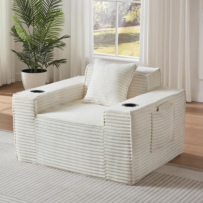 Boneless Sofa Couch with Cup Holders & Side Pockets, Modern Corduroy Fabric Deep Seat Single Cloud Couch for Reading Living Room Office, No Assembly (White)
