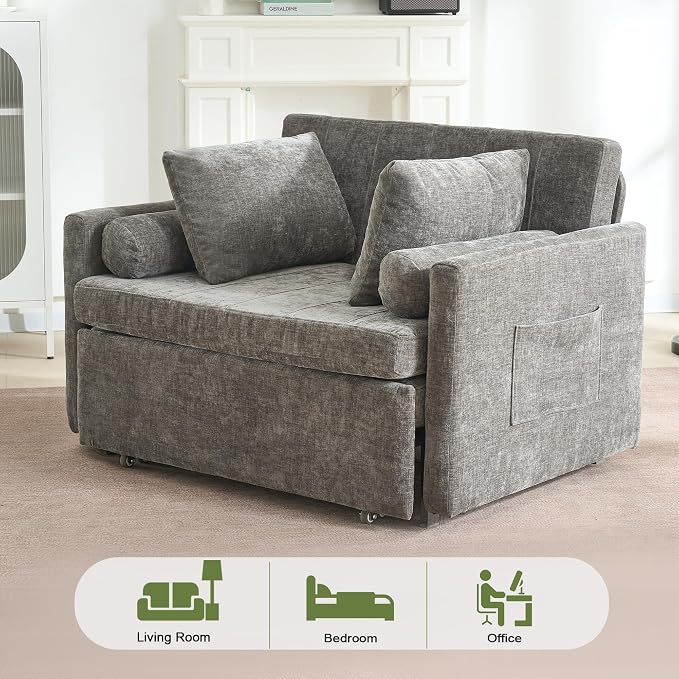 45" Oversize 3-in-1 Sleeper Chair Pull Out Bed, 75" Long Single Sleeper Sofa Bed with Wing Table and Side Pocket for Living Room, Bedroom, Small Space, Gray