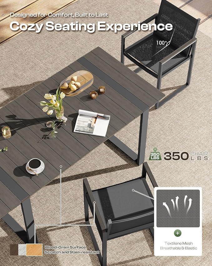 Outdoor Dining Table for 6, HDPS+ Aluminum Patio Dning Table with U-Shape Leg, Size: 67.4"*32.3"*29.6",Modern Rectangular Table for Lawn, Garden (Charcoal)