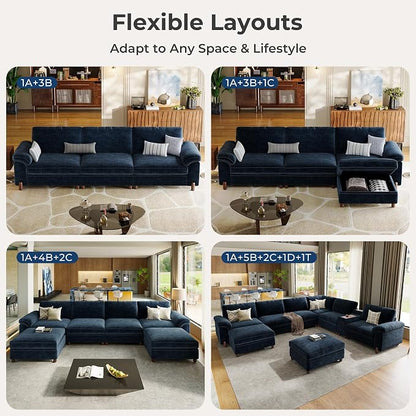 SITJOY Large Cloud Couch, 118" Wide 3 Seater L Shape, Chenille in Navy Blue | Detachable and Washable Chenille Cover Sectional Sofas for Living Room, Deep Seat Wide Couch with Chaise, Storage Ottoman