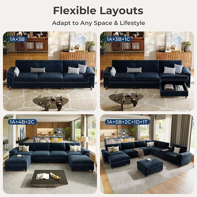SITJOY Large Cloud Couch, 100" Wide Loveseat Sofa, Chenille in Navy Blue | Detachable and Washable Chenille Cover Sectional Sofas for Living Room, Deep Seat Wide Couch with Cuphoders