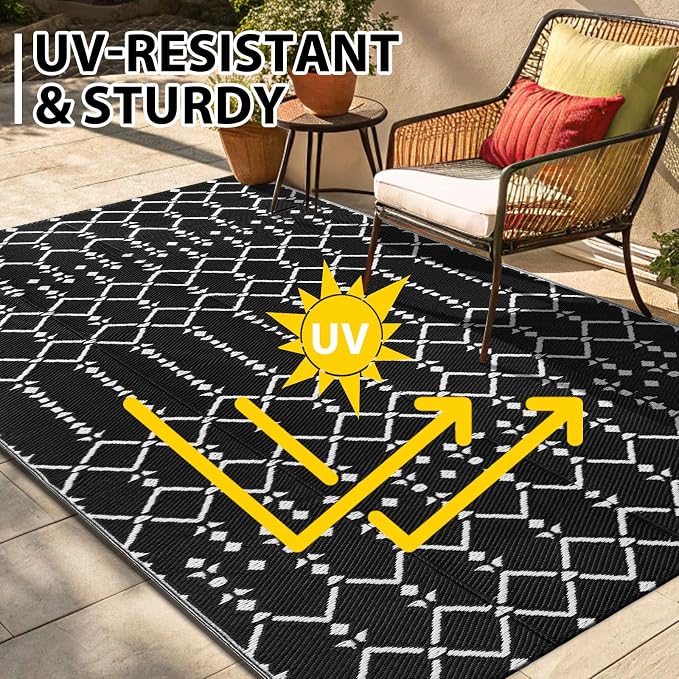 Smiry Outdoor Rug 5x8 ft, Waterproof Reversible Plastic Straw Rugs, Boho Outdoor Area Rug, Outside Floor Mat for Patio, Backyard, Deck, Picnic, Beach, Camping, Black