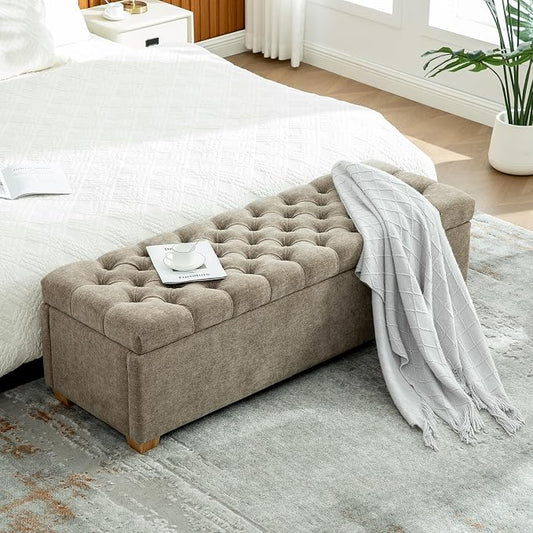 60.2" Storage Bench, End of Bed Storage Benches, Chenille Fabric Upholstered Ottoman Bench with Safety Hinge for Living Room Entryway Bedroom Hallway
