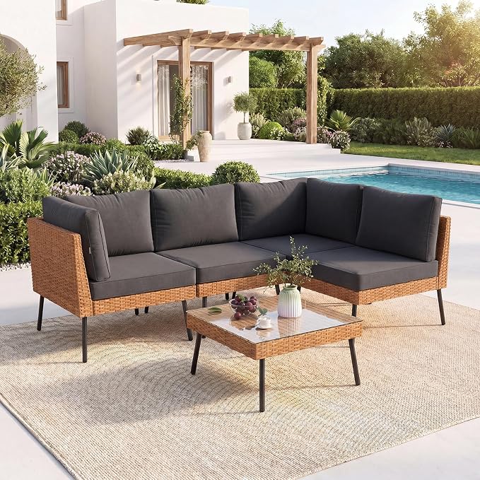 Aoxun 5-Piece Patio Furniture Set, Wicker Outdoor Furniture with Water Resistant Thick Cushions, Patio Conversation Set Outdoor Sectional Sofa with Coffee Table for Backyard Poolside, Black