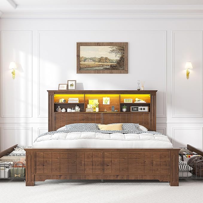 EnHomee Full Size Bed Frame with Storage Headboard and 4 Drawers,Charging Port & LED,No Box Spring Needed,Heavy-Duty Structure,Noise,-Free,Vintage Brown