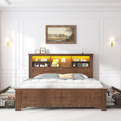 EnHomee Full Size Bed Frame with Storage Headboard and 4 Drawers,Charging Port & LED,No Box Spring Needed,Heavy-Duty Structure,Noise,-Free,Vintage Brown