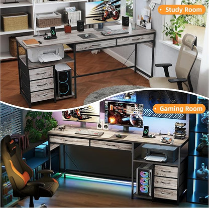 YOSHOOT 60" Computer Desk with 5 Fabric Drawers, Gaming Desk Table | Desk with Storage and Power Outlets, for Adults and Teenagers Working Writing Study, Grey