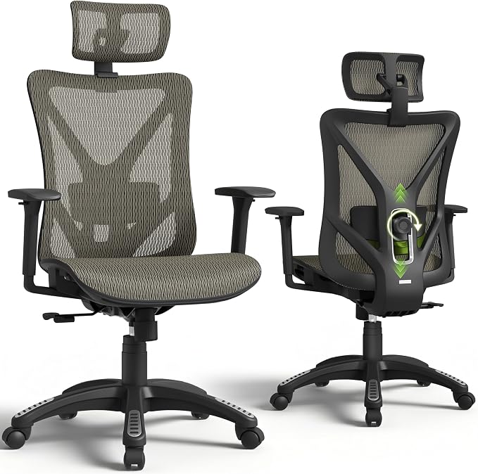 ELABEST T23 Ergonomic Mesh Office Chair, High Back Computer Desk Chair, Breathable AirMesh with Dual-Move Lumbar Support, 3D Armrests & Headrest, Tilt Lock, Big and Tall for Home Office (Mocha)