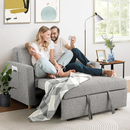 SEJOV Convertible Sofa Bed, 3-in-1 Sleeper Sofa Pull Out Couch Bed, 2-Seater Linen Fabric Loveseat Futon Sofa with Spring Support, Adjustable Backrest for Small Spaces, Living Room, Grey