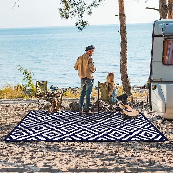 GENIMO 5'x8' Outdoor Rug Waterproof, Reversible Mats, Area Rug, Plastic Outside Carpet, Geometric Rv Mat for Patio Camping Picnic Backyard Deck Balcony Porch Beach Trailer (Navy Blue & White)